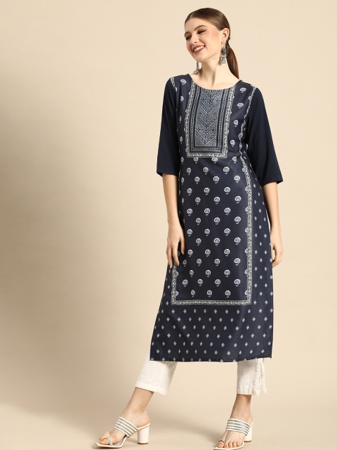 

Janasya Women Navy Blue Floral Printed Crepe Kurta