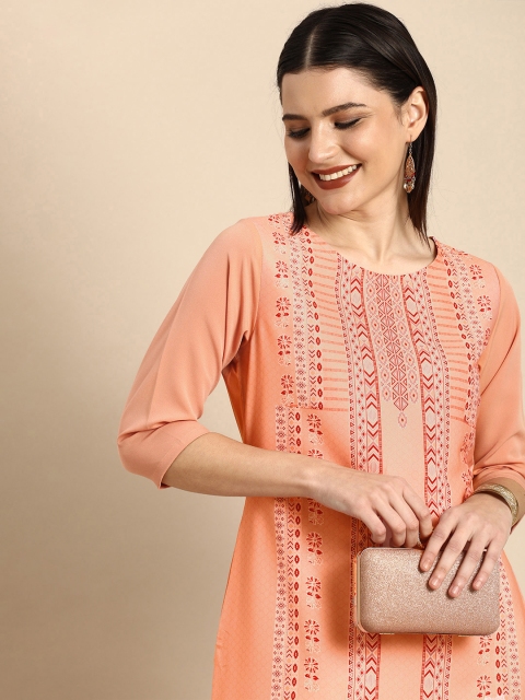 

Janasya Women Peach-Coloured Ethnic Motifs Printed Crepe Kurta