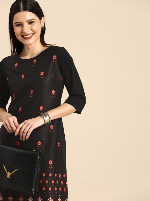 

Janasya Women Black & Red Ethnic Motifs Printed Crepe Kurta