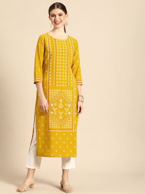 

Janasya Women Mustard Yellow Geometric Printed Crepe Kurta