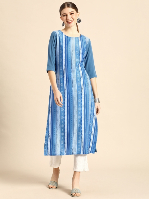 

Janasya Women Blue Geometric Printed Crepe Kurta