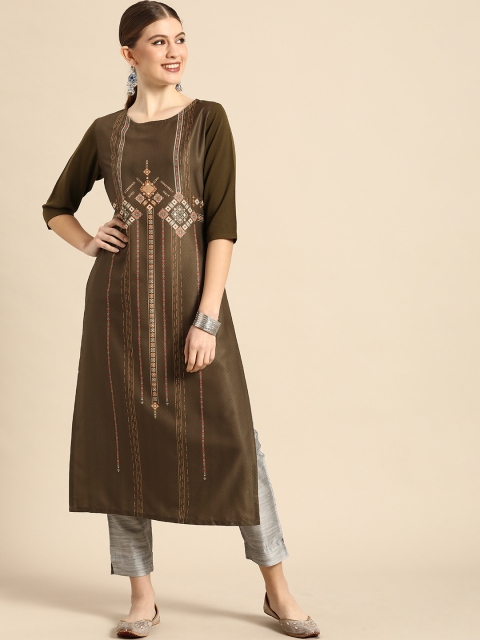 

Janasya Women Olive Green Ethnic Motifs Printed Crepe Kurta