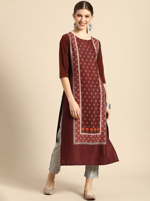 

Janasya Women Brown Floral Printed Crepe Kurta