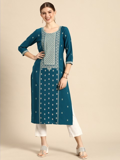 

Janasya Women Teal Floral Printed Crepe Kurta