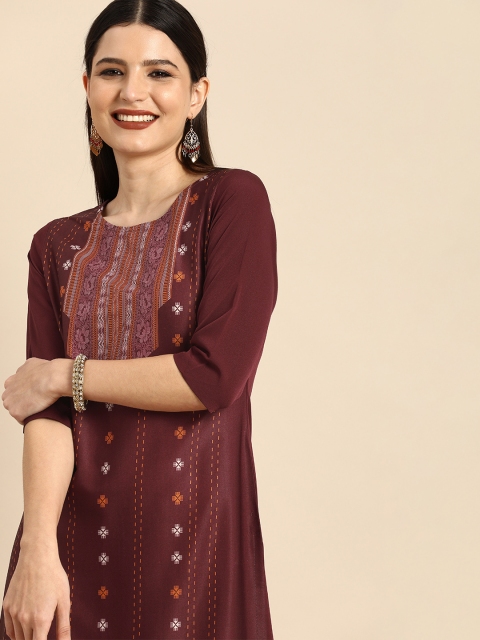 

Janasya Women Burgundy Ethnic Motifs Striped Crepe Kurta