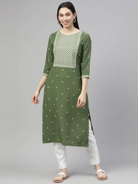 

Janasya Women Green Floral Printed Crepe Kurta