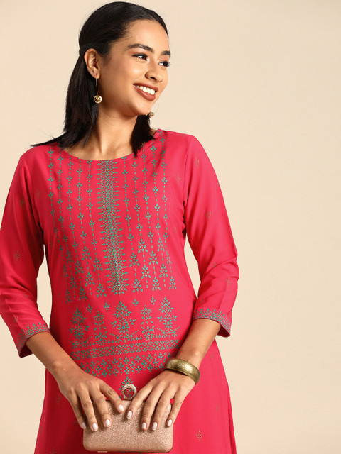 

Janasya Women Pink Ethnic Motifs Printed Crepe Kurta