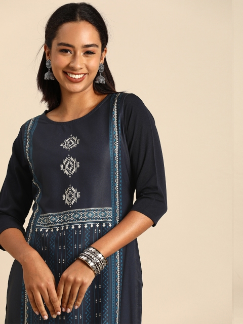

Janasya Women Navy Blue Ethnic Motifs Printed Crepe Kurta