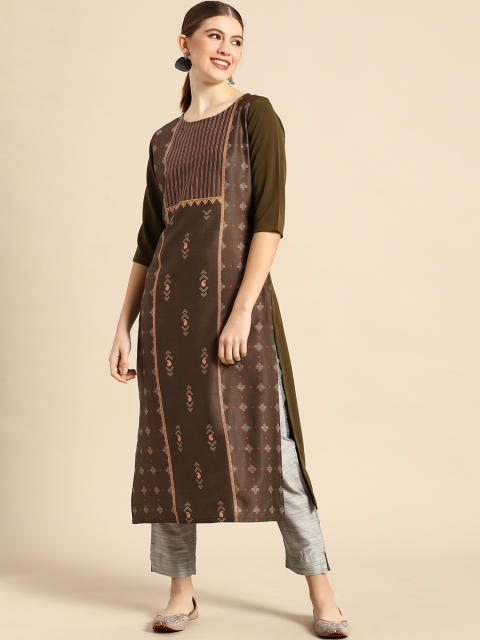 

Janasya Women Olive Green Geometric Printed Crepe Kurta