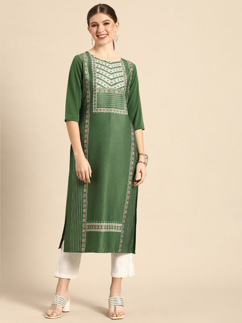 

Janasya Women Green Printed Crepe Kurta