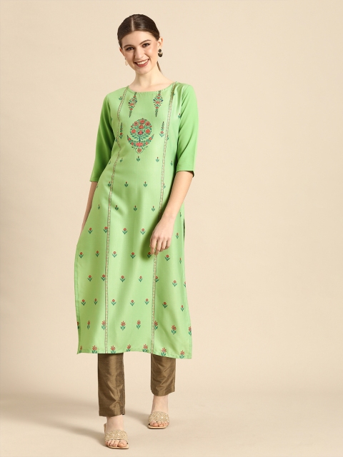 

Janasya Women Green Floral Printed Crepe Kurta
