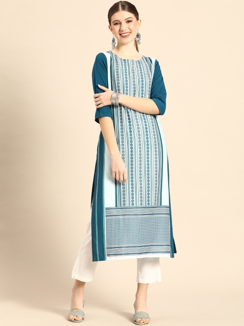 

Janasya Women Teal Geometric Printed Crepe Kurta