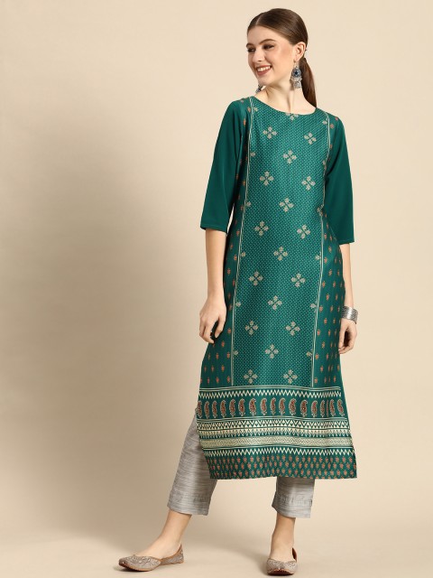 

Janasya Women Green Floral Printed Crepe Kurta