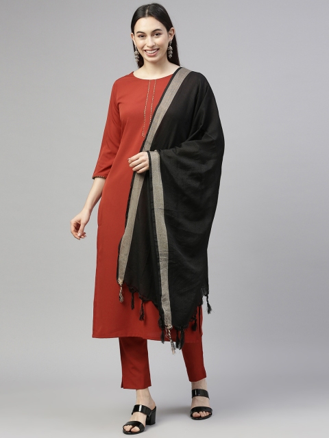 

Janasya Women Maroon Regular Gotta Patti Kurta with Trousers & With Dupatta