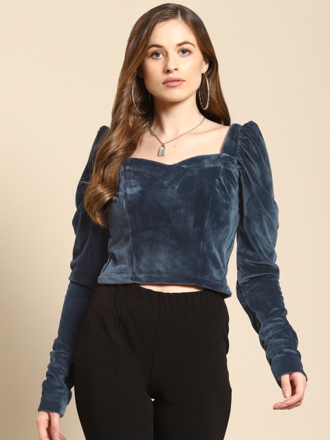 

WoowZerz Blue Sweetheart Neck Velvet Blouson Crop Top