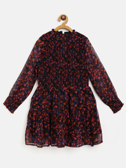 

Marks & Spencer Girls Black & Pink Floral Print Smocked A-Line Dress
