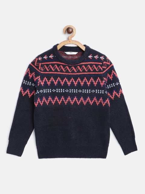 

Marks & Spencer Boys Navy Blue & Peach-Coloured Geometric Self-Design Pullover Sweater