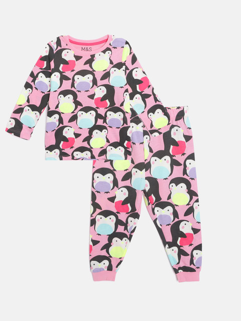

Marks & Spencer Girls Pink & Black Pure Cotton Penguins Printed Pyjamas Set