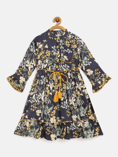 

Bella Moda Girls Navy Blue & Yellow Floral Fit & Flare Dress