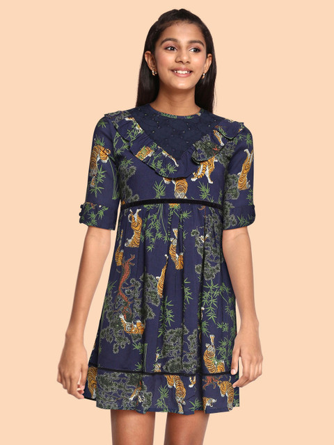 

Bella Moda Navy Blue Animal Printed Fit and Flare Dress
