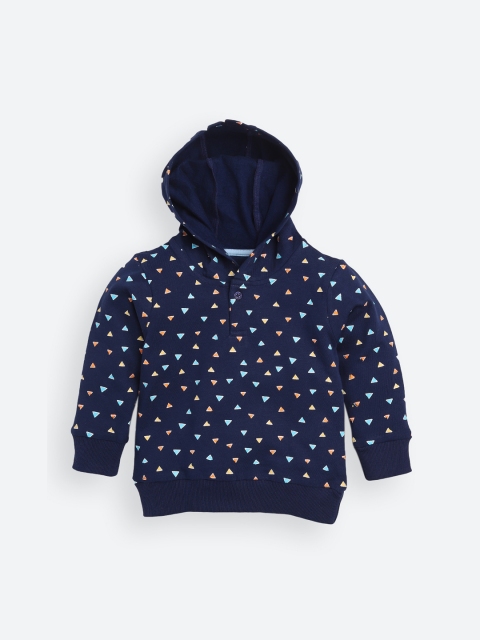 

TAMBOURINE Boys Navy Blue Printed Hooded Pure Cotton Sweatshirt