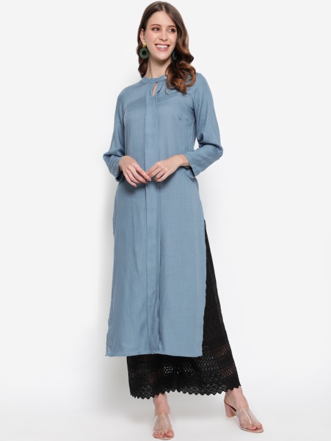 

antaran Women Blue Keyhole Neck Pleated Design Kurta