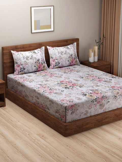 

SWAYAM White & Pink Floral 144 TC King Bedsheet with 2 Pillow Covers