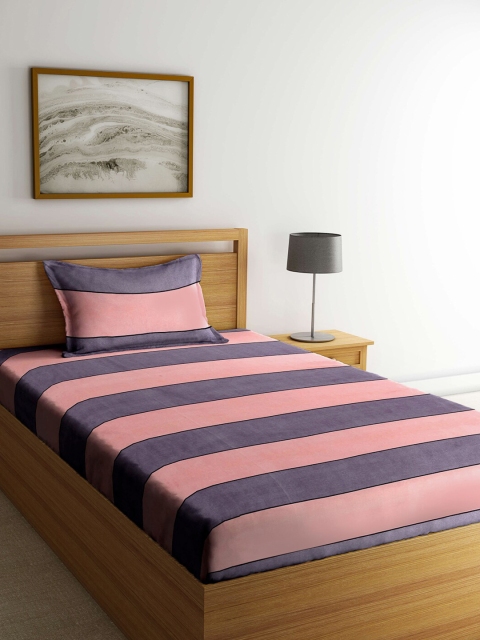 

KLOTTHE Pink & Purple Striped 210 TC Single Bedsheet with 1 Pillow Cover