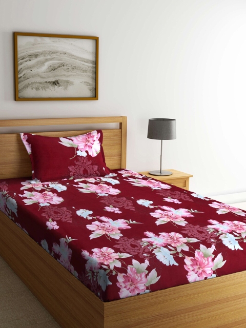 

KLOTTHE Maroon & Pink Floral 210 TC Single Bedsheet with 1 Pillow Covers