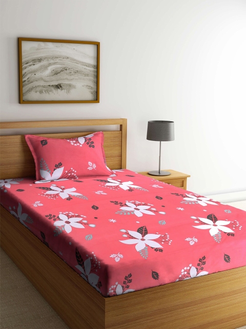 

KLOTTHE Coral & White Floral 210 TC Single Bedsheet with 1 Pillow Cover