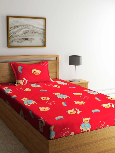 

KLOTTHE Red & Beige Cartoon Characters Printed 210 TC Single Bedsheet with 1 Pillow Covers