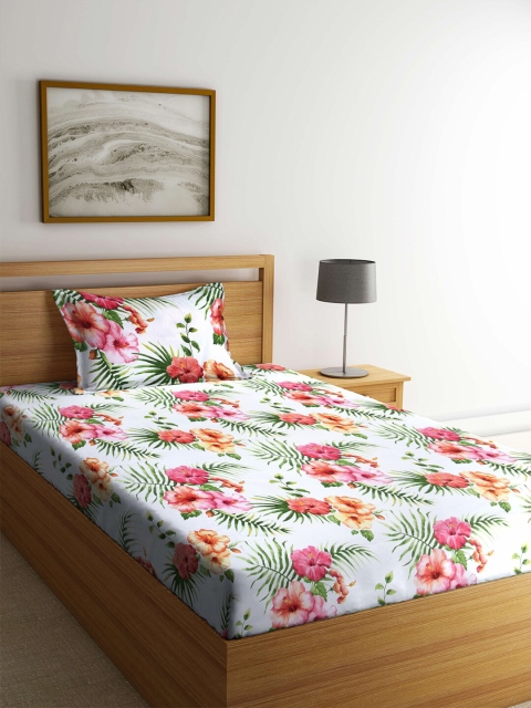 

KLOTTHE White & Pink Floral 210 TC Single Bedsheet with 1 Pillow Cover