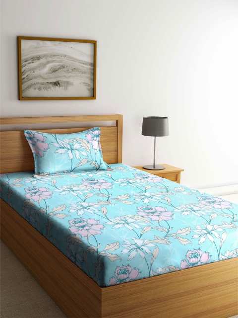 

KLOTTHE Blue & Pink Floral 210 TC Single Bedsheet with 1 Pillow Cover