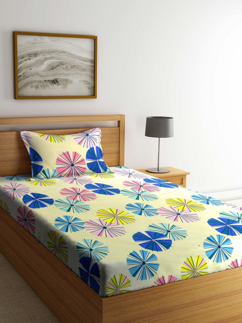 

KLOTTHE Yellow & Blue Geometric 210 TC Single Bedsheet with 1 Pillow Covers