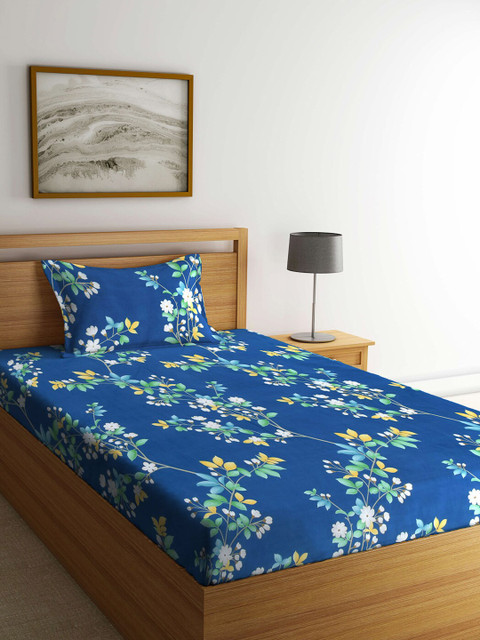 

KLOTTHE Blue Floral 210 TC Single Bedsheet with 1 Pillow Covers