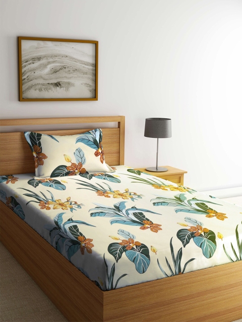 

KLOTTHE Cream-Coloured & Green Floral 210 TC Single Bedsheet with 1 Pillow Cover