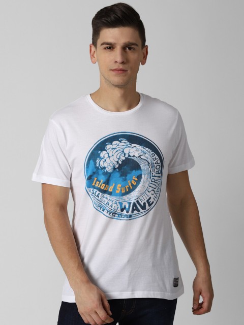 

Peter England Casuals Men White & Blue Printed Slim Fit Pure Cotton T-shirt