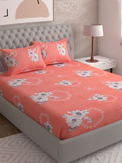 

EverHOME Coral & White Floral 144 TC Cotton Super King Bedsheet with 2 Pillow Covers