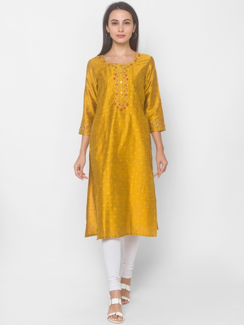 

Globus Women Yellow & White Printed Thread Work Kurta