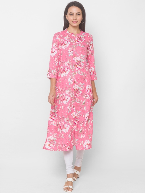

Globus Women Pink & White Floral Printed Cotton Kurta