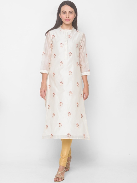 

Globus Women Off White Ethnic Motifs Printed Flared Sleeves Mirror Work Chanderi Silk Chanderi Silk Kurta