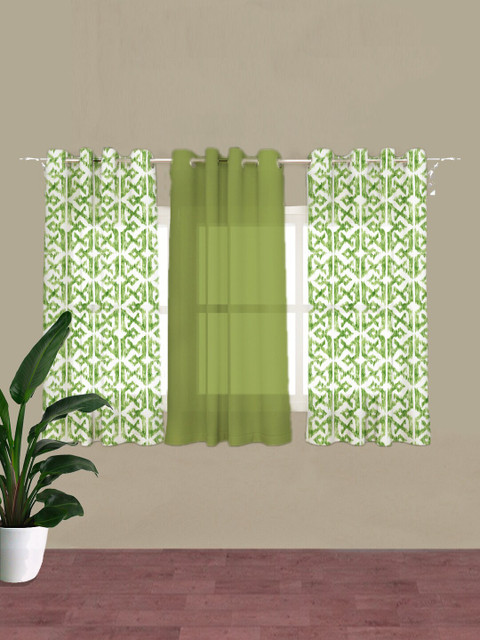 

HOUZZCODE Green & White Set of 3 Room Darkening Window Curtain