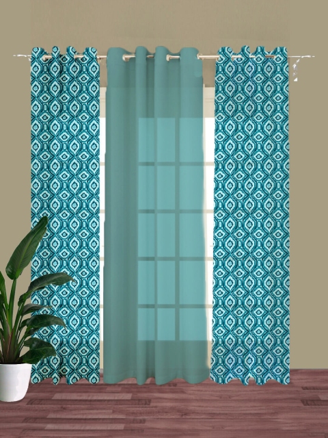 

HOUZZCODE Blue & White Set of 3 Ethnic Motifs Room Darkening Long Door Curtain