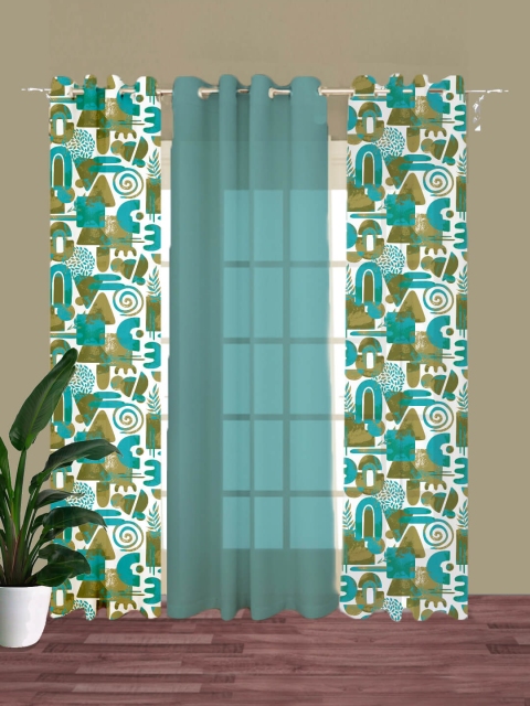

HOUZZCODE Set Of 3 Blue & White Lost World Printed Black Out Long Door Curtain