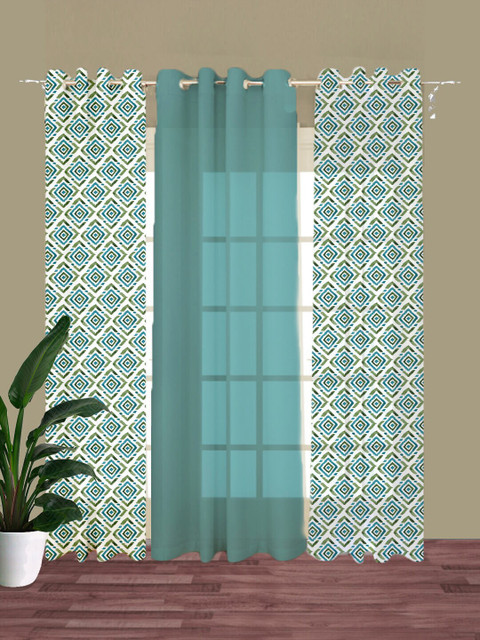 

HOUZZCODE Blue & White Set of 3 Geometric Room Darkening Long Door Curtain