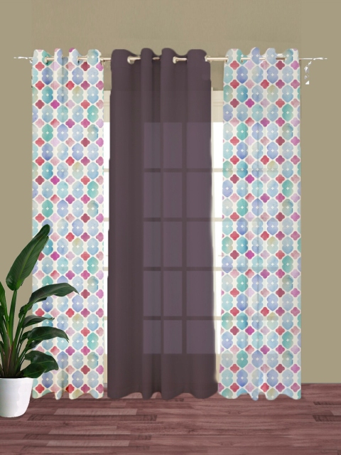 

HOUZZCODE Set Of 3 Mauve & White Geometric Printed Window Curtains