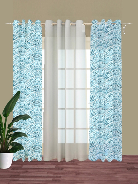 

HOUZZCODE Off White & Blue Set of 3 Ethnic Motifs Room Darkening Long Door Curtain