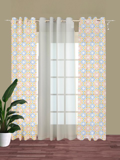 

HOUZZCODE Off White & Blue Set of 3 Geometric Room Darkening Door Curtain