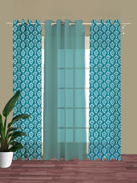 

HOUZZCODE Blue Set of 3 Geometric Sheer Window Curtain