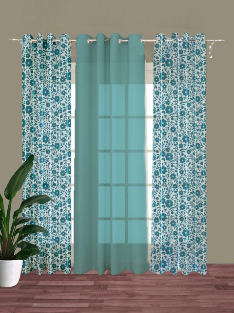 

HOUZZCODE Set Of 3 Blue Floral Printed Window Curtains